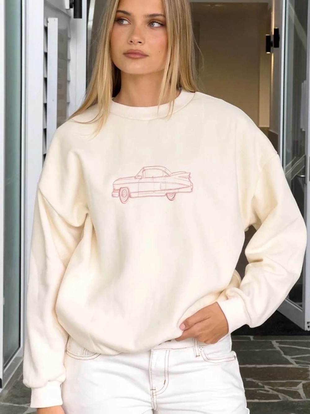 Beginning Boutique Cream Sweatshirt with Pink Car Graphic